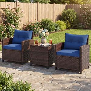 Costway Set di 3 mobili da patio con 4 cuscini rimovibili, Set di 2 sedie e 1 tavolino in rattan con piano in vetro Blu scuro