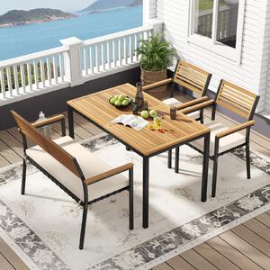 Costway Set pranzo da giardino legno di acacia con foro per ombrellone, Tavolo da pranzo con 2 sedie e panca mobili da esterno ergonomiche