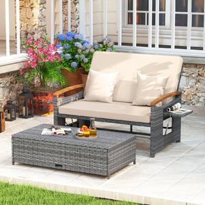 Costway Letto da giorno in rattan per patio schienale regolabile a 4 livelli, Set 2 pezzi con divanetto e pouf contenitore tavoli ribaltabili Beige