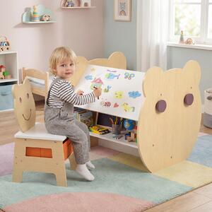 Costway Set tavolo e sedia per bambini sedia con cassetto rimovibile, Tavolo in legno con ampio piano lavagna bifacciale ripiano Naturale