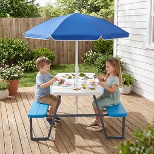 Costway Tavolo da picnic per bambini con ombrellone regolabile in altezza, Set tavolo e panche da giardino struttura in metallo e borsa Blu