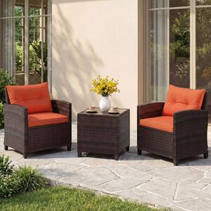 Costway Set di 3 mobili da patio con 4 cuscini rimovibili, Set di 2 sedie e 1 tavolino in rattan con piano in vetro Arancione
