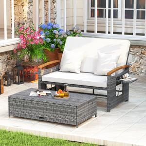 Costway Letto da giorno in rattan per patio schienale regolabile a 4 livelli, Set 2 pezzi con divanetto e pouf contenitore tavoli ribaltabili Bianco
