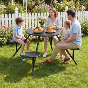 Costway Set tavolo da picnic con 4 sedie in metallo zincato, Tavolo da giardino con foro per ombrellone piano e sedute rotonde