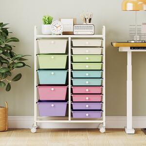 Costway Carrello con 15 cassetti estraibili e ruote con freno, Carrello multiuso per casa ufficio scuola Bianco e viola