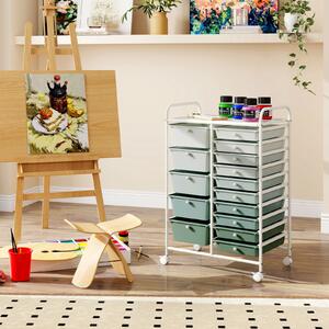 Costway Carrello con 15 cassetti estraibili e ruote con freno, Carrello multiuso per casa ufficio scuola Verde