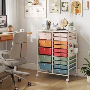 Costway Carrello portaoggetti con 15 cassetti rimovibili, Carrello con ruote ampio piano in metallo e pannelli forati salvaspazio Multicolore
