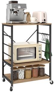 HOMCOM Scaffale da Cucina a 3 Livelli Stile Industriale con Ruote e 4 Ganci, Struttura in Acciaio, 60x40x84 cm, Teak