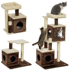 PawHut Albero Tiragraffi per Gatti con 2 Casette, Lettino, Piattaforme di Salto e Pallina, in Legno, 55x48x107 cm