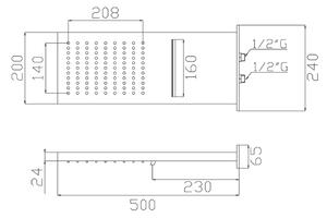 Soffione doccia acciaio inox a parete 500x200mm a 2 getti cod.335-01
