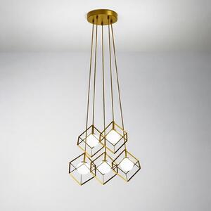 Lampadario Contemporaneo Cube Metallo Oro Vetro 5 Luci G9