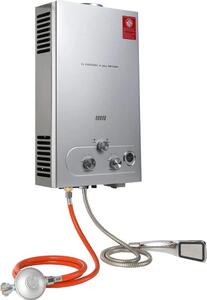 Scaldacqua istantaneo a GPL (propano) - Scaldacqua a gas da 8 litri - Acqua calda immediata per la doccia - Acciaio inossidabile - Con soffione doccia e riduttore di pressione del gas - Grigio
