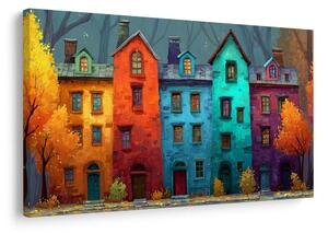 Quadro su tela – Case colorate nel bosco autunnale