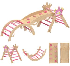 AIYAPLAY 8 in 1 Triangolo da Arrampicata in Legno Struttura da Arrampicata Montessori Tema Corona con Arco e Rampa Rosa | Aosom Italy