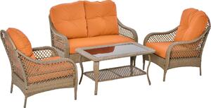 VivaGarden Salotto da Giardino con Divano 2 Posti 2 Poltrone e Tavolino con Cuscini in Rattan PE colore Khaki e Arancione