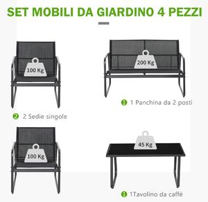 Outsunny Set Tavolino con Panchina e 2 Sedie da Giardino, Arredamento da Esterno in Metallo e Texteline, Nero