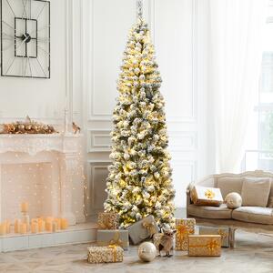 Costway Albero artificiale di Natale 225cm con aghi in PVC base pieghevole di metallo, Abete innevato illuminato con luci LED