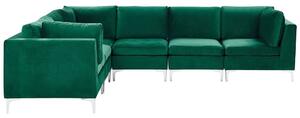 Divano componibile ad angolo versione destra in velluto verde 6 posti a forma di L con gambe in metallo argento stile glamour Beliani