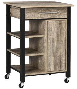 HOMCOM Carrello da Cucina Portavivande con Cassetto, Mensole, Armadietto e 4 Ruote, Legno Truciolare, 60x50x84.5cm, Quercia