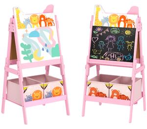 AIYAPLAY Cavalletto Artistico per Bambini 3-8 Anni con Lavagna a 2 Lati e 2 Cestini Contenitori, in Legno, 53.5x49x113 cm, Rosa