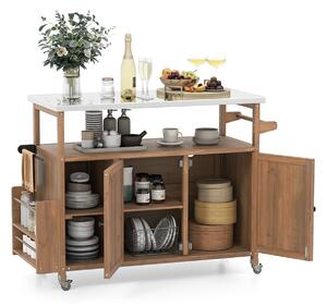 Costway Carrello barbecue esterno con piano in acciaio inox isola cucina in legno di abete con ruote, Carrello ripiano aperto e scomparti