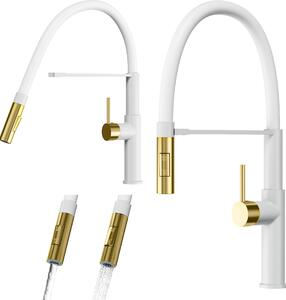Granitan | Miscelatore da cucina Soria - Bianco - Altezza 470 mm - Bocca flessibile - Oro spazzolato