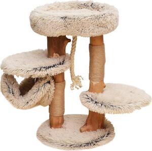 Tiragraffi Fudajo in legno e peluche alto 87,5 cm, tiragraffi di design per gatti in legno di pero, albero per gatti con amaca, mobili per gatti con lettino