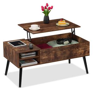 Tavolino da salotto ribaltabile Relaxdays, LxPxA: 46x100x50 cm, 2 vani laterali, tavolino da salotto con spazio contenitivo, stile industriale, marrone