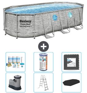 Piscina Bestway Oval Power Steel Swim Vista - stampa su pietra - 549 x 274 x 122 - inclusa pompa - scala - copertura pacchetto manutenzione - filtro - pavimento in piastrelle
