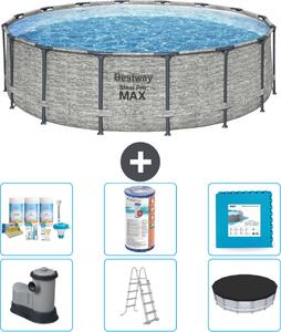 Piscina Bestway Round Steel Pro MAX - stampa su pietra - 488 x 122 cm - inclusa pompa - scala - copertura pacchetto manutenzione - filtro - pavimento in piastrelle