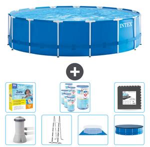 Piscina Intex con struttura rotonda - 457 x 122 cm - blu - compresa pompa - scala - telo di fondo - confezione di manutenzione della copertura - filtro - piastrelle per il pavimento