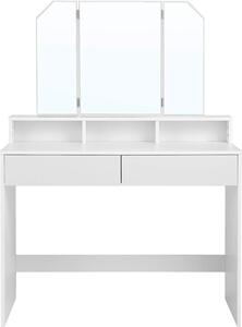 VASAGLE, tavolo da toilette con specchio pieghevole e 2 cassetti, tavolo cosmetico con 3 scomparti aperti, tavolo da toilette, per il trucco, moderno, bianco