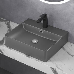 Doporro Lavabo da Appoggio Lavandino Sospeso Bagno Rettangolare 50 cm in Vetroceramica Antracite Opaco con Foro per Rubinetto e Troppopieno - Meissen201