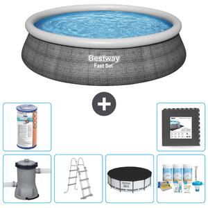 Piscina gonfiabile rotonda Bestway a presa rapida - stampa rattan - 457 x 107 cm - inclusa pompa - copertura a scaletta - pacchetto manutenzione - filtro - piastrelle per pavimento