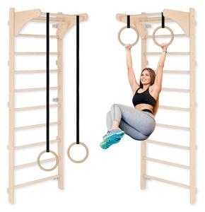 Scala ginnica a muro con anelli ginnici, lunghezza regolabile, per esercizi domestici, per adulti e bambini, allenamento della forza e dello stretching, 100% legno