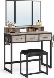 VASAGLE, tavolino da toilette con specchio pieghevole in 3 parti, supporto per asciugacapelli, tavolino per cosmetici con sgabello imbottito, 3 cassetti, design industriale, grigio e