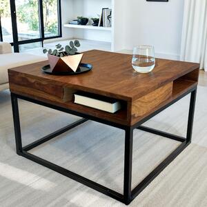 FineBuy tavolino da caffè in legno massiccio Sheesham 60x60 cm Tavolo quadrato da soggiorno con ripiani Tavolo in legno color naturale con robusta struttura in metallo