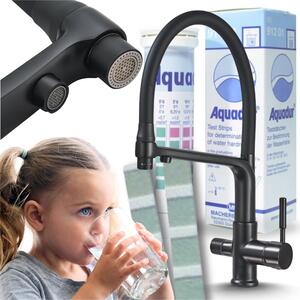 Rubinetto da cucina a 3 vie flessibile con attacco per filtro dell'acqua, doccetta estraibile, orientabile a 360°, circuiti separati, cartuccia in Vetroceramica nero opaco