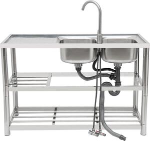Lavello doppio in acciaio inox per la cucina, rubinetto girevole a 360°, grande capacità, bordi rialzati, filtraggio multistadio