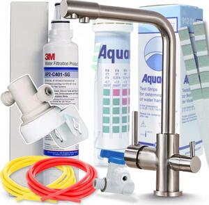 Miscelatore da cucina Ari Venom a 3 vie in acciaio inossidabile spazzolato con filtro per acqua potabile 3M AP2-C405-SG e sistema di filtrazione sottobanco