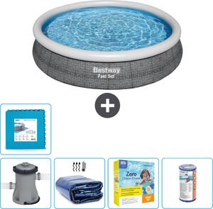 Piscina gonfiabile rotonda Bestway a presa rapida - stampa rattan - 366 x 76 cm - pompa inclusa - tenda da sole - pacchetto manutenzione - filtro - piastrelle per il pavimento