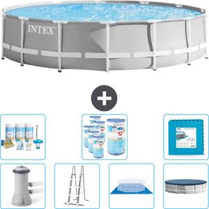Piscina Intex Round Prism Frame - 427 x 107 cm - Grigio - inclusa pompa - scaletta - telo di fondo - pacchetto di manutenzione della copertura - filtro - piastrelle per il pavimento