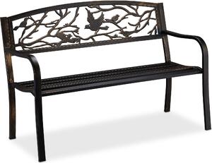 Panchina da giardino Relaxdays, motivo uccelli, 2 posti, stile vintage, giardino e balcone, acciaio, 87x127x57 cm, nero/bronzo