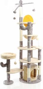 Tiragraffi Fudajo in design cactus grigio chiaro 172 cm, tiragraffi per gatti con casetta e abbeveratoio, albero per gatti con sisal, mobili per gatti con palline da gioco