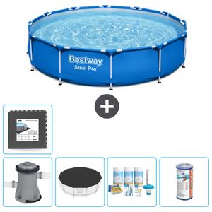 Piscina Bestway Round Steel Pro - 366 x 76 cm - blu - inclusa copertura della pompa - pacchetto manutenzione - filtro - piastrelle per il pavimento