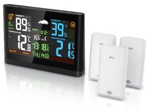 Stazione meteo wireless BEARWARE con display a colori, stazione meteo wireless con 3 sensori esterni, pressione dell'aria, andamento della temperatura, previsioni del tempo