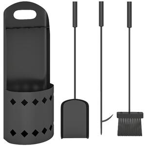 Outsunny Set accessori per camino da 4 pezzi, con scopino, paletta, attizzatoio e supporto, in metallo, Nero | Aosom Italy