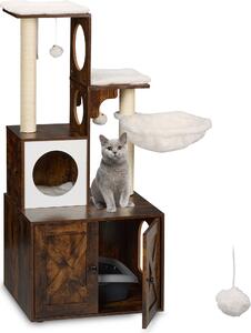 Relaxdays Tiragraffi con mobile per lettiera, L 128 x P 95 x A 52 cm, pali in sisal e cuccia, stile industriale, torre per gatti, marrone e bianco