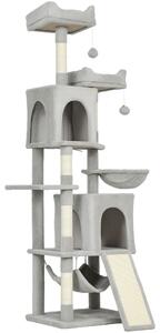 PawHut Albero Tiragraffi per Gatti con 2 Casette, 2 Lettini, Trespolo e 2 Palline, 48x40x177 cm, Grigio Chiaro e Beige | Aosom Italy