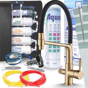 Rubinetto da cucina a 3 vie Ari Flexible, doccetta estraibile e girevole 360 gradi, per acqua filtrata, ottone oro spazzolato